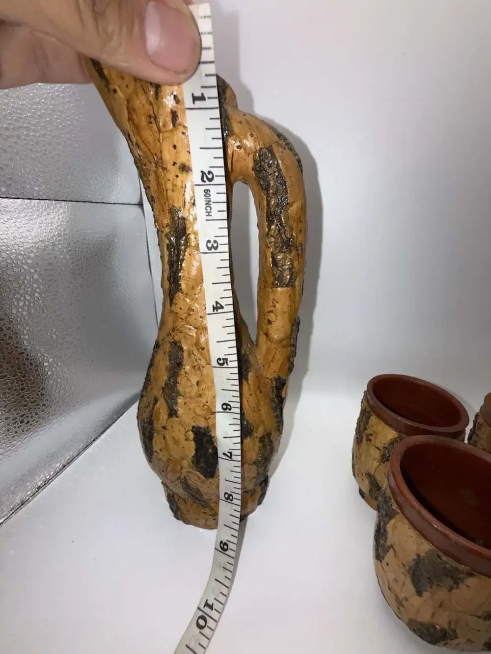 Vintage Italian Cork Bark Covered Pottery Pitcher and Cups Set